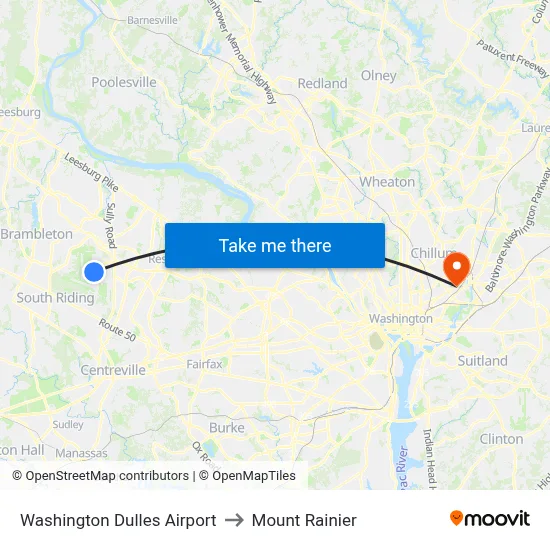 Washington Dulles Airport to Mount Rainier map