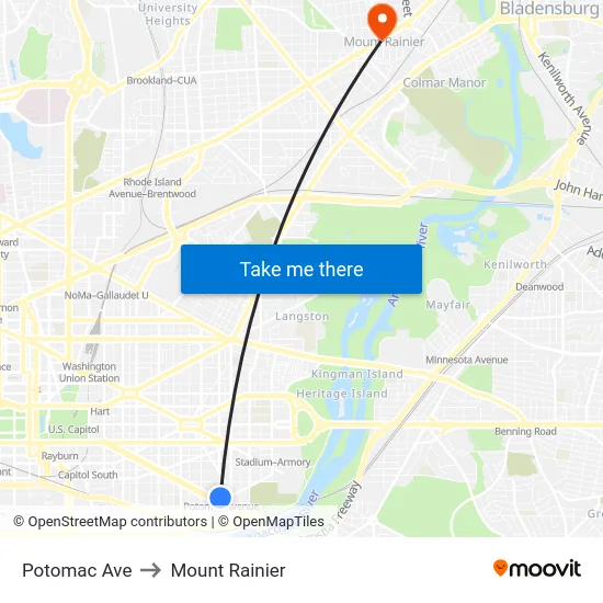 Potomac Ave to Mount Rainier map