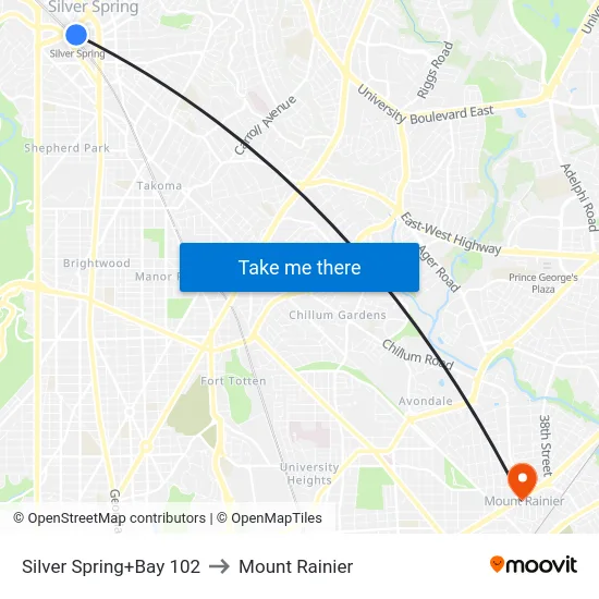 Silver Spring+Bay 102 to Mount Rainier map