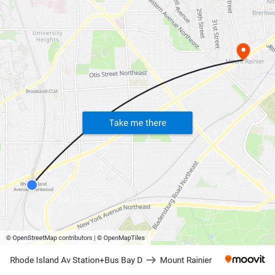 Rhode Island Ave-Brentwood+Bay D to Mount Rainier map