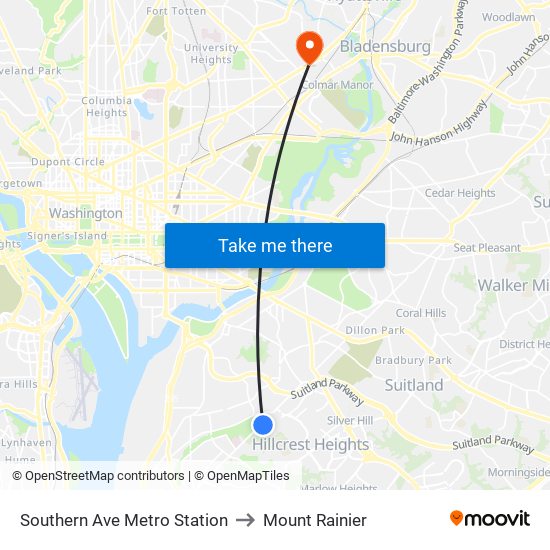 Southern Ave Metro Station to Mount Rainier map