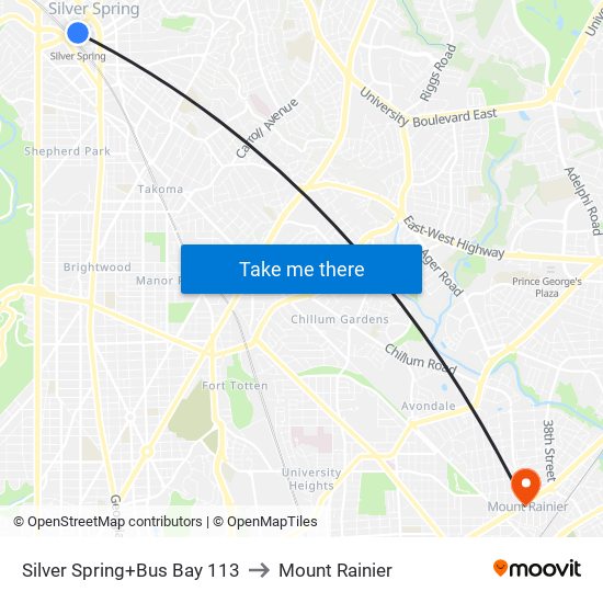 Silver Spring+Bus Bay 113 to Mount Rainier map