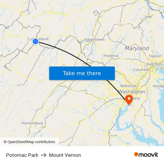 Potomac Park to Mount Vernon map