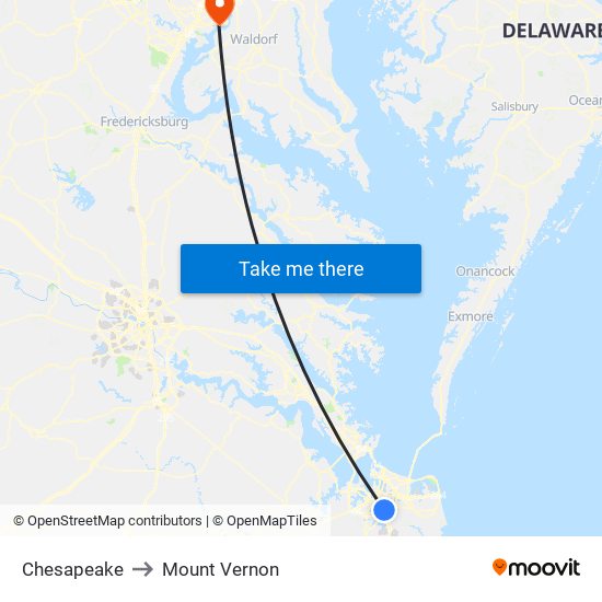 Chesapeake to Mount Vernon map