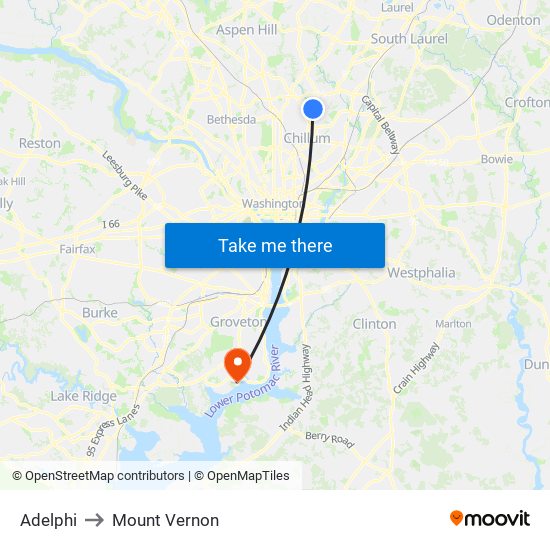 Adelphi to Mount Vernon map