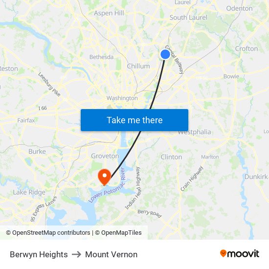 Berwyn Heights to Mount Vernon map