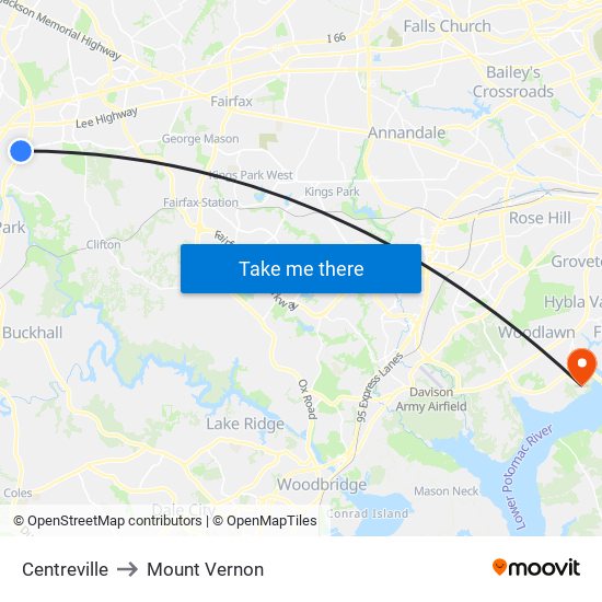 Centreville to Mount Vernon map