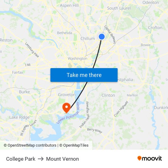 College Park to Mount Vernon map