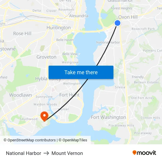 National Harbor to Mount Vernon map