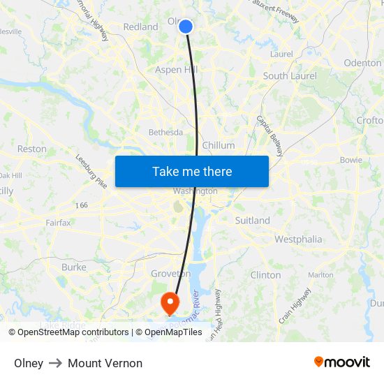 Olney to Mount Vernon map