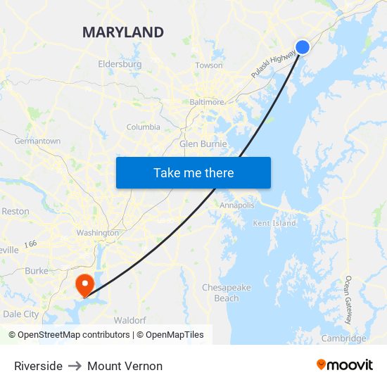 Riverside to Mount Vernon map