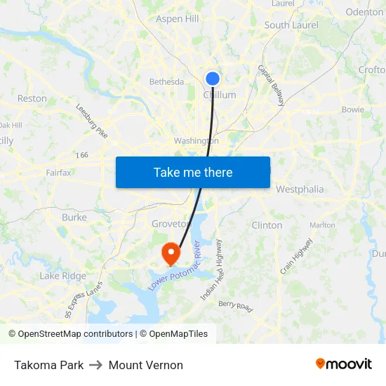 Takoma Park to Mount Vernon map