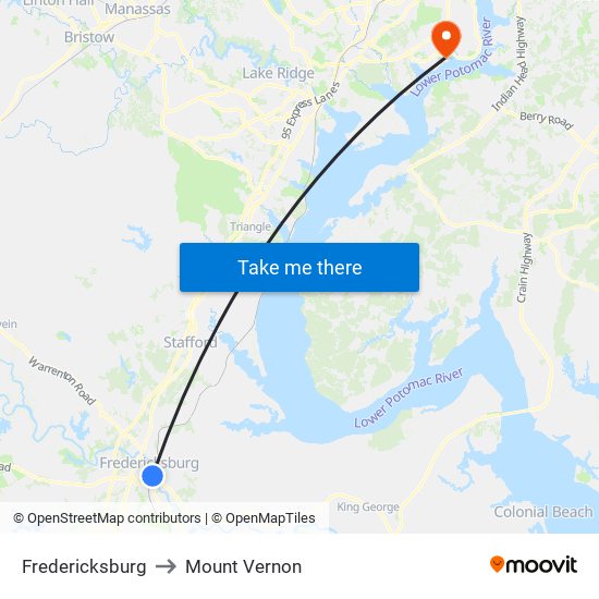 Fredericksburg to Mount Vernon map