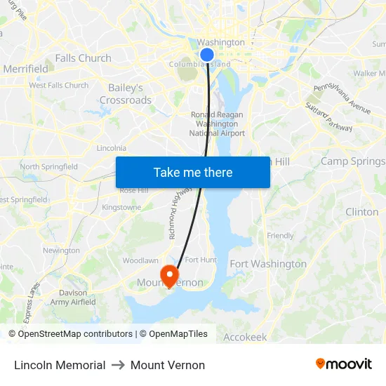 Lincoln Memorial to Mount Vernon map
