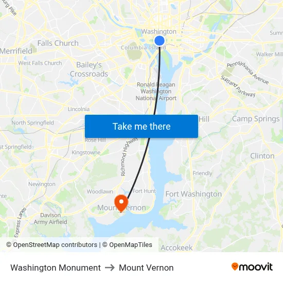 Washington Monument to Mount Vernon map