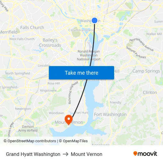Grand Hyatt Washington to Mount Vernon map