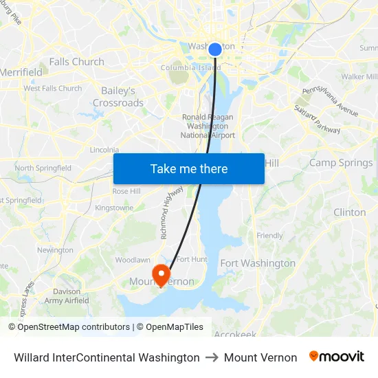 Willard InterContinental Washington to Mount Vernon map