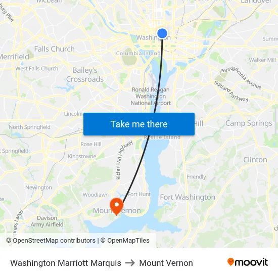 Washington Marriott Marquis to Mount Vernon map