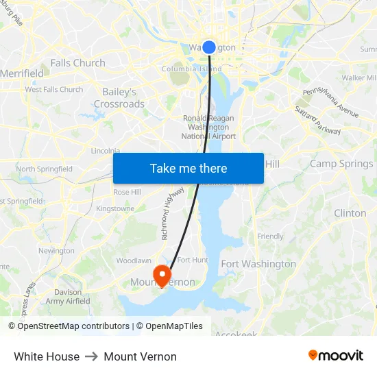 White House to Mount Vernon map