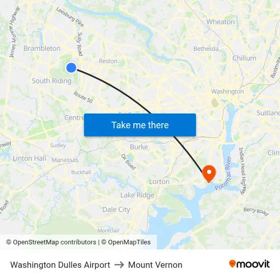 Washington Dulles Airport to Mount Vernon map