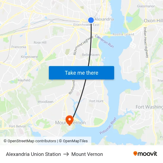 Alexandria Union Station to Mount Vernon map