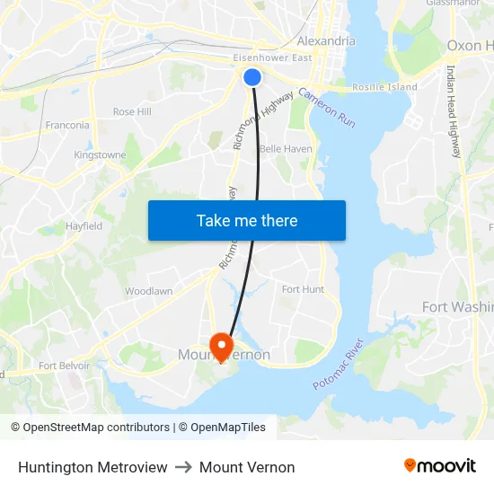 Huntington Metroview to Mount Vernon map