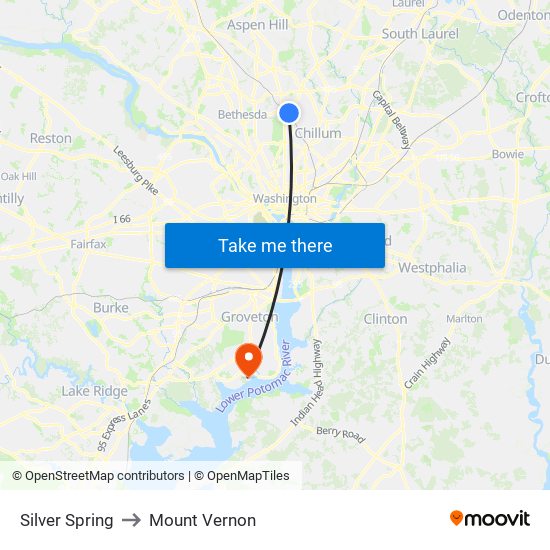 Silver Spring to Mount Vernon map