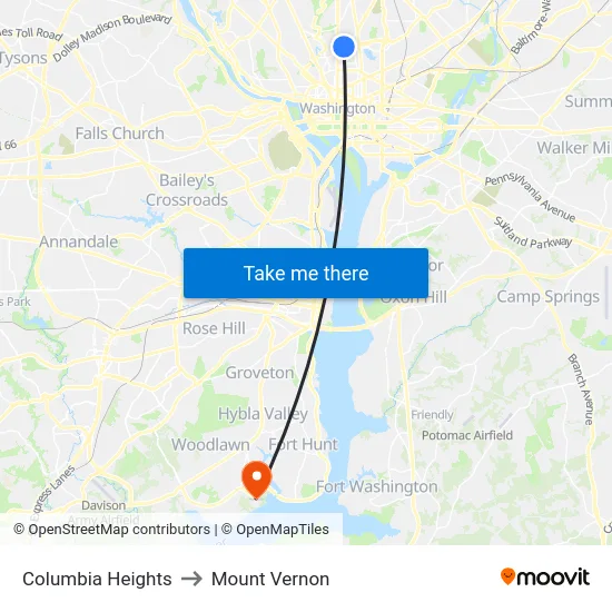 Columbia Heights to Mount Vernon map