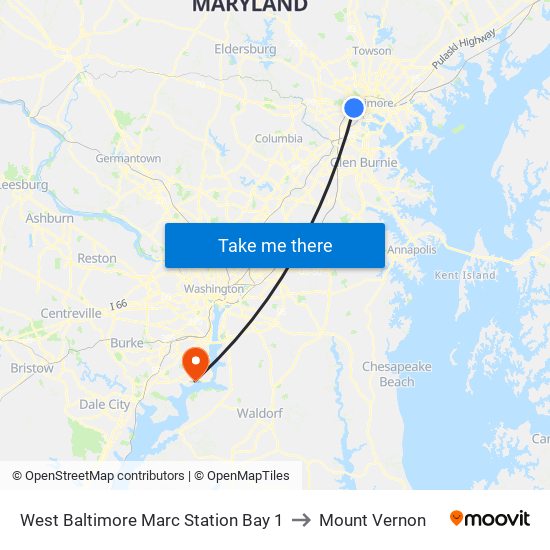 West Baltimore Marc Station Bay 1 to Mount Vernon map