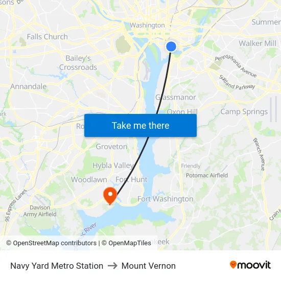 Navy Yard Metro Station to Mount Vernon map