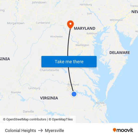 Colonial Heights to Myersville map