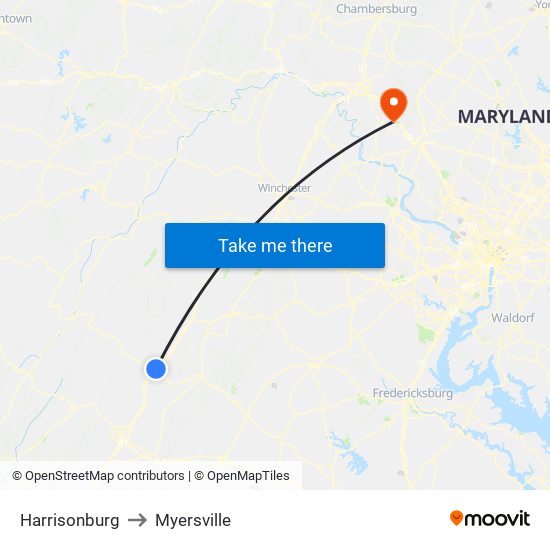 Harrisonburg to Myersville map