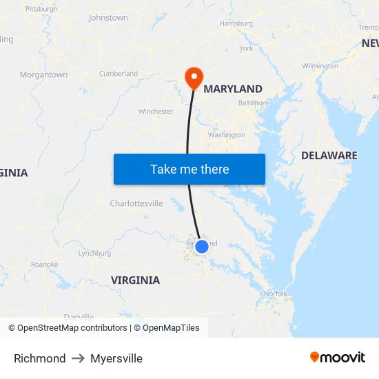 Richmond to Myersville map