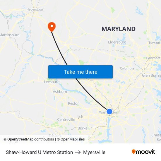 Shaw-Howard U Metro Station to Myersville map