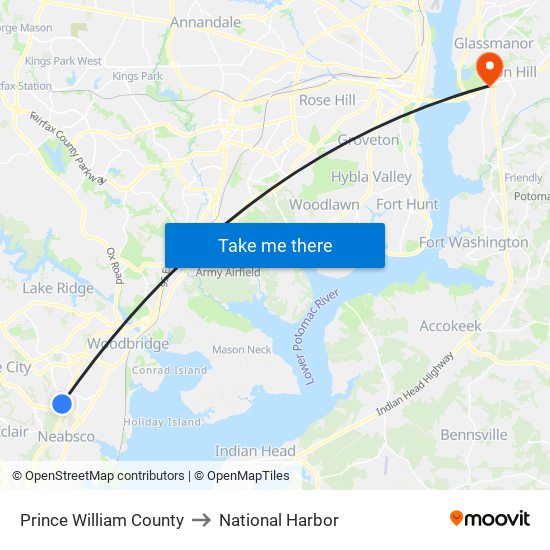 Prince William County to National Harbor map