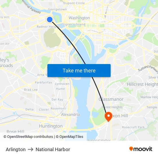 Arlington to National Harbor map