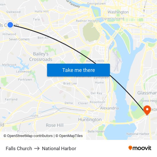 Falls Church to National Harbor map