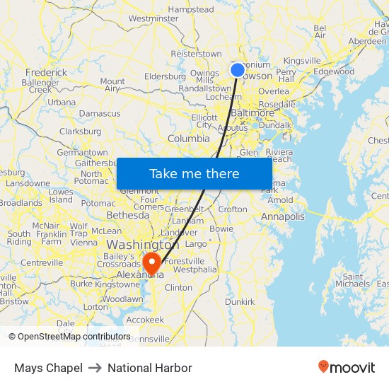 Mays Chapel to National Harbor map