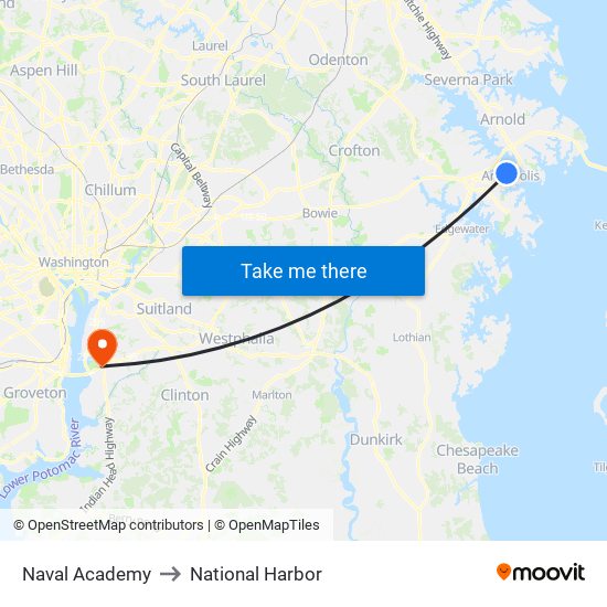 Naval Academy to National Harbor map