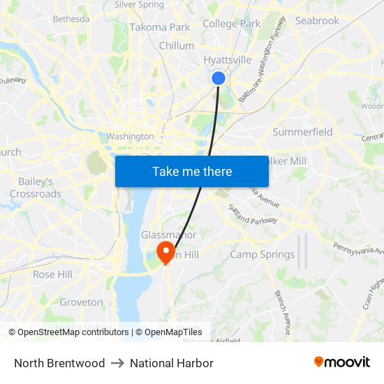 North Brentwood to National Harbor map