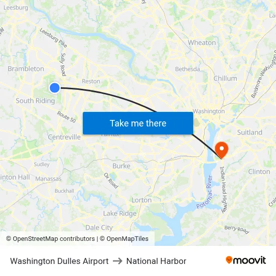Washington Dulles Airport to National Harbor map