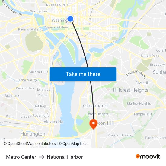 Metro Center to National Harbor map