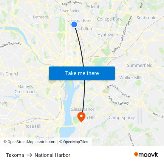 Takoma to National Harbor map