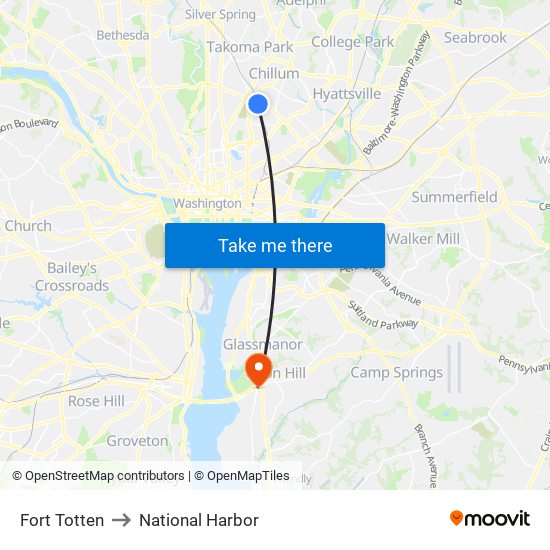 Fort Totten to National Harbor map