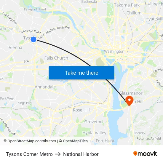Tysons Corner Metro to National Harbor map