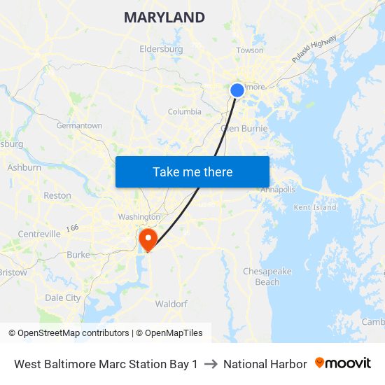 West Baltimore Marc Station Bay 1 to National Harbor map