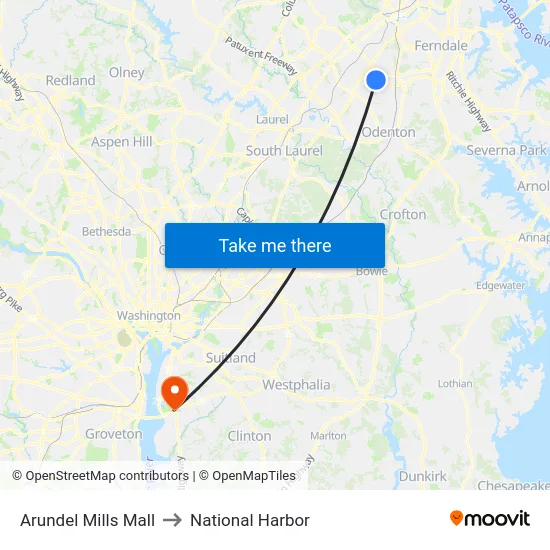 Arundel Mills Mall to National Harbor map