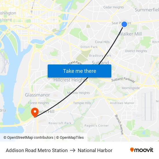 Addison Road Metro Station to National Harbor map