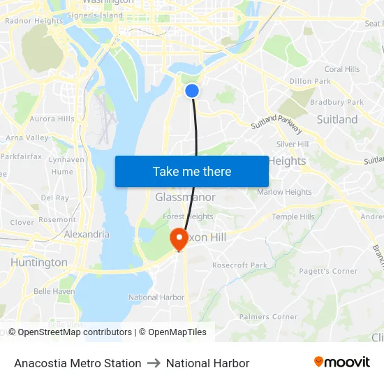 Anacostia Metro Station to National Harbor map