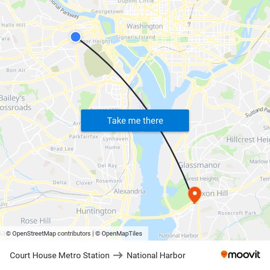 Court House Metro Station to National Harbor map